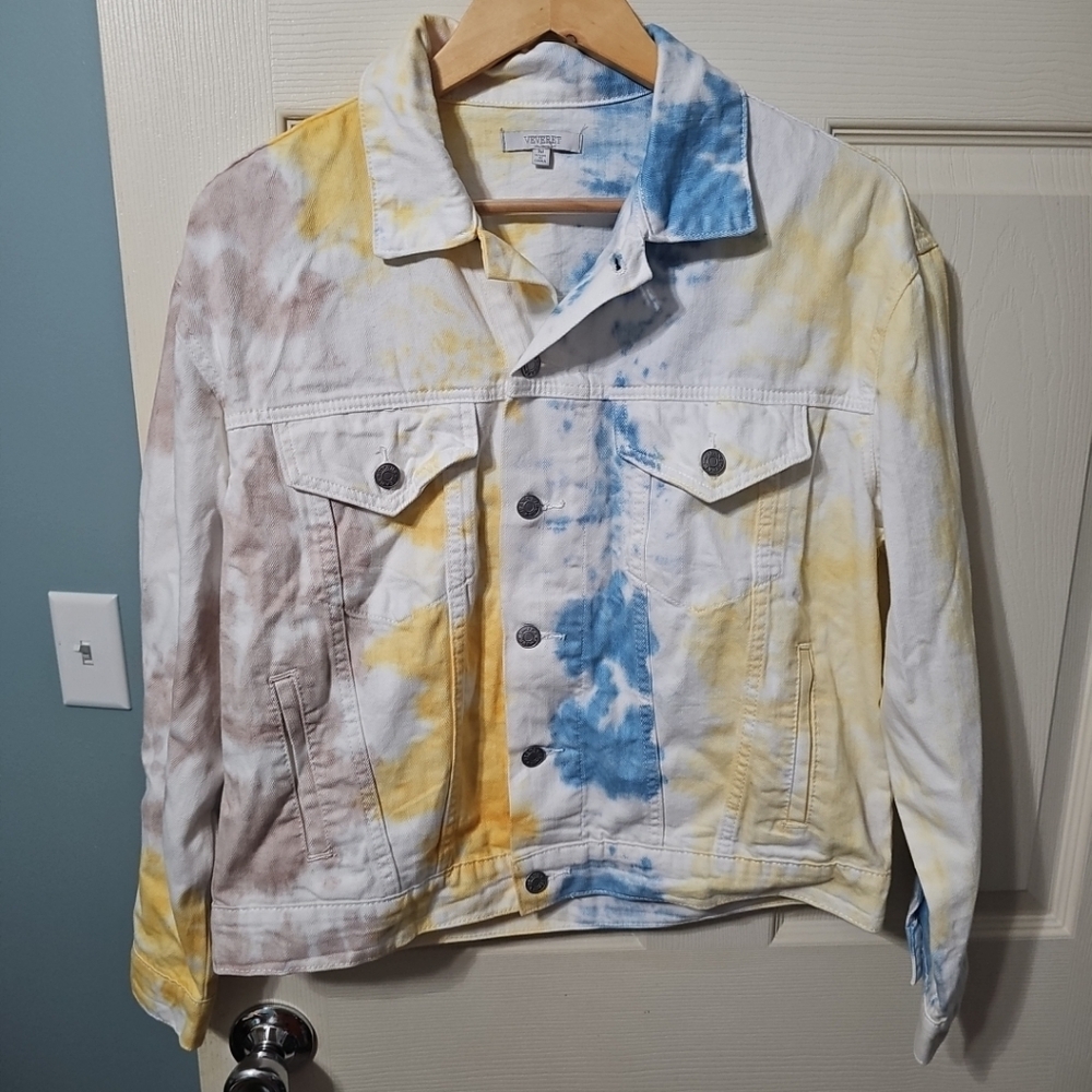 Veveret Cropped Tie-Dye "Cheer Mom" Denim Jacket Women's M Excellent Pre-Owned